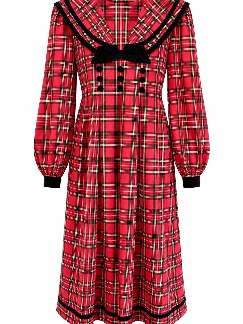 Girls 16 Red Tartan Maxi Dress Sailor Collar Velvet Bow Holiday Preppy
